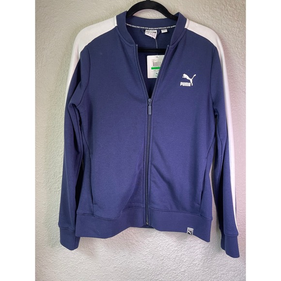 Puma Track Jacket Full Zip Athletic White Stripe Navy Blue Womens Large‎ - Picture 1 of 4